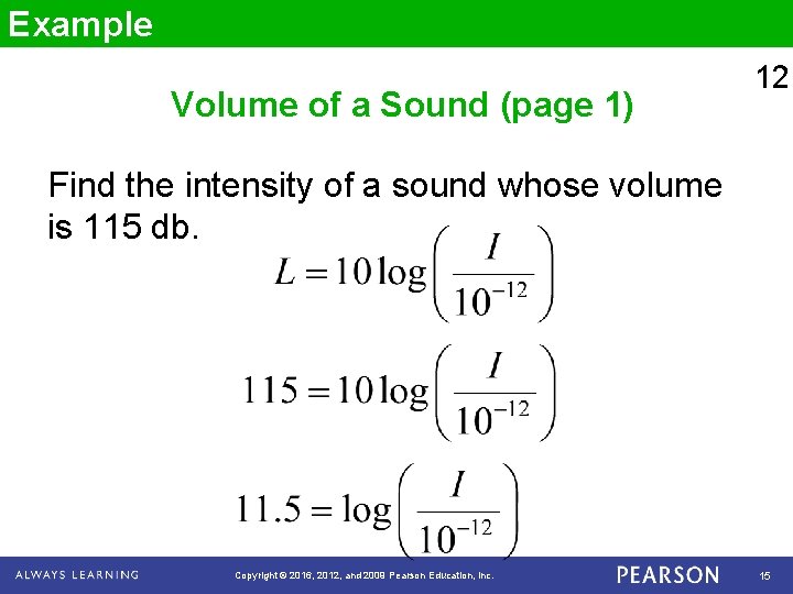 Example Volume of a Sound (page 1) 12 Find the intensity of a sound