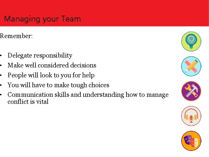 Managing your Team Remember: • Delegate responsibility • Make well considered decisions • People