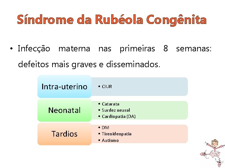 Síndrome da Rubéola Congênita • Infecção materna nas primeiras 8 semanas: defeitos mais graves