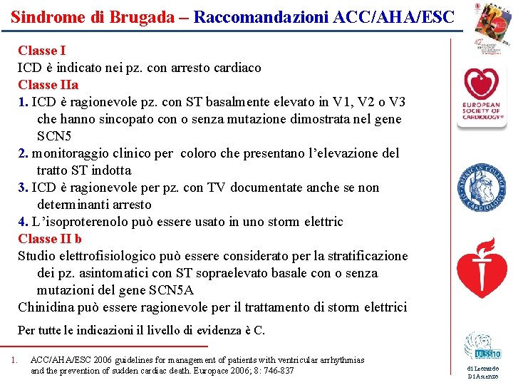 Sindrome di Brugada – Raccomandazioni ACC/AHA/ESC Classe I ICD è indicato nei pz. con