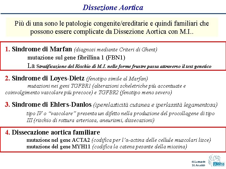 Dissezione Aortica Più di una sono le patologie congenite/ereditarie e quindi familiari che possono