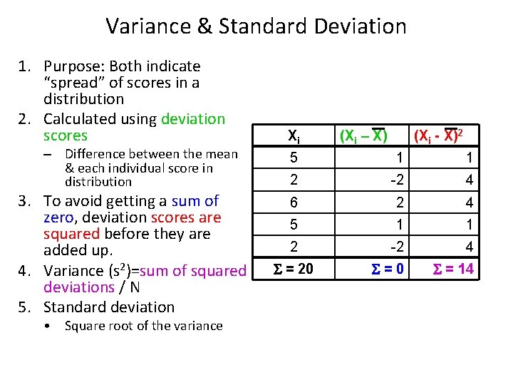 Variance & Standard Deviation 1. Purpose: Both indicate “spread” of scores in a distribution