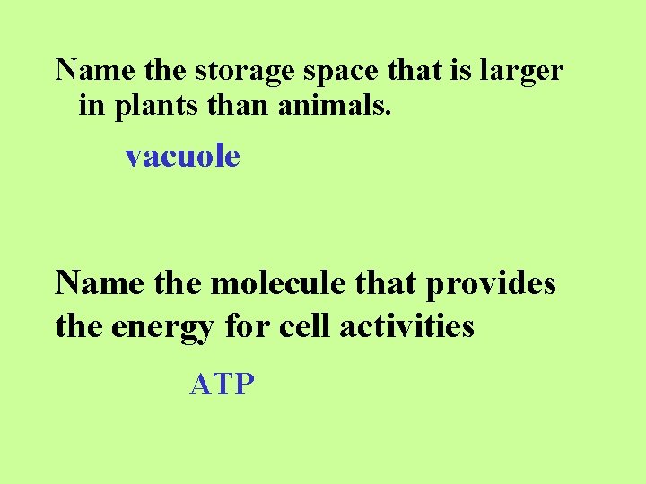 Name the storage space that is larger in plants than animals. vacuole Name the