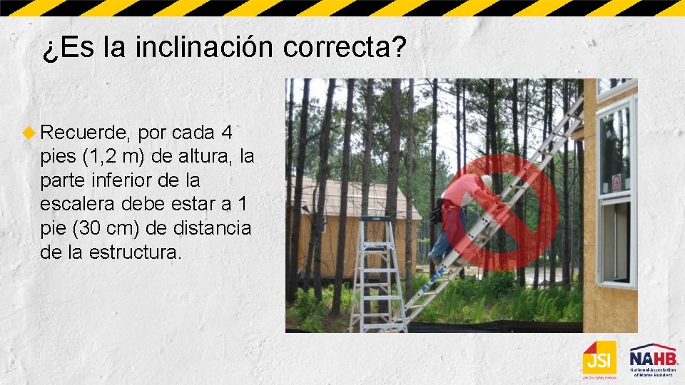 ¿Es la inclinación correcta? Recuerde, por cada 4 pies (1, 2 m) de altura,