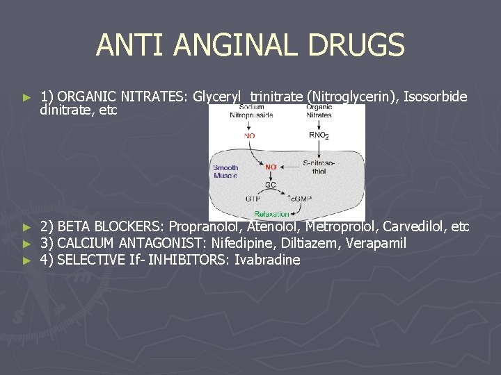 ANTI ANGINAL DRUGS ► 1) ORGANIC NITRATES: Glyceryl trinitrate (Nitroglycerin), Isosorbide dinitrate, etc ► ANTI ANGINAL DRUGS ► 1) ORGANIC NITRATES: Glyceryl trinitrate (Nitroglycerin), Isosorbide dinitrate, etc ►