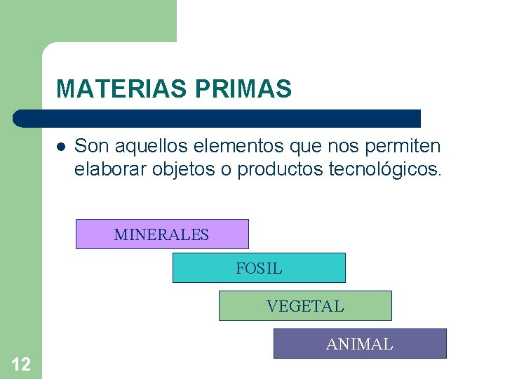 MATERIAS PRIMAS l Son aquellos elementos que nos permiten elaborar objetos o productos tecnológicos.