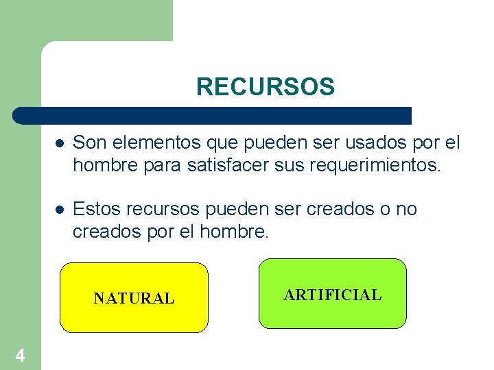 RECURSOS l Son elementos que pueden ser usados por el hombre para satisfacer sus