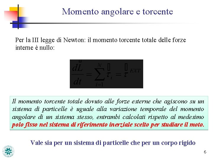 Momento angolare e torcente Per la III legge di Newton: il momento torcente totale