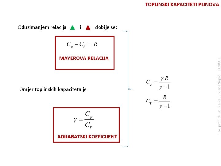 TOPLINSKI KAPACITETI PLINOVA dobije se: MAYEROVA RELACIJA Omjer toplinskih kapaciteta je ADIJABATSKI KOEFICIJENT FIZIKA