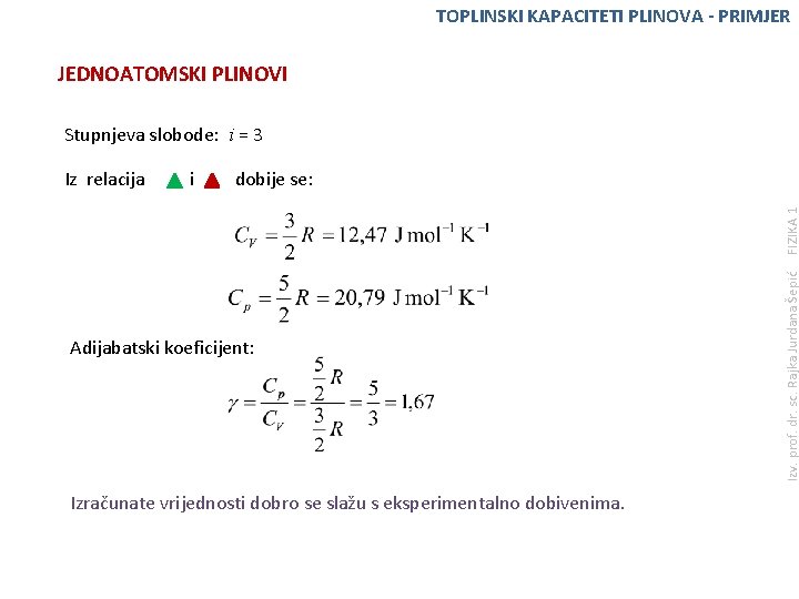 TOPLINSKI KAPACITETI PLINOVA - PRIMJER JEDNOATOMSKI PLINOVI Stupnjeva slobode: i = 3 i dobije