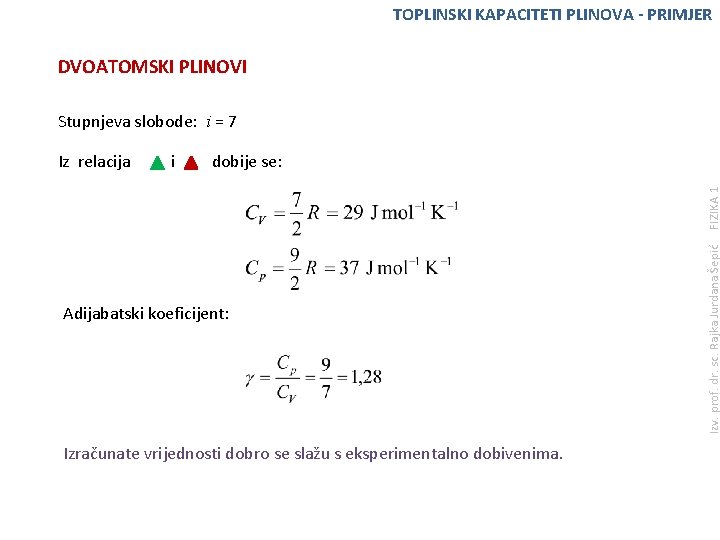 TOPLINSKI KAPACITETI PLINOVA - PRIMJER DVOATOMSKI PLINOVI Stupnjeva slobode: i = 7 i dobije