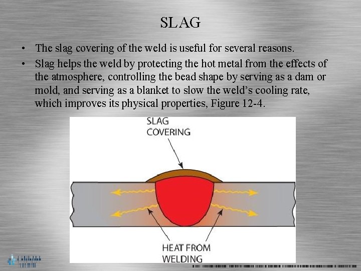 SLAG • The slag covering of the weld is useful for several reasons. •