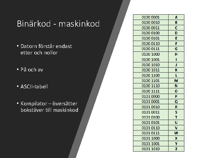 Binärkod - maskinkod • Datorn förstår endast ettor och nollor • På och av