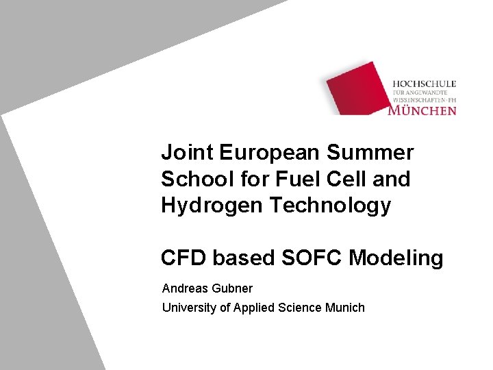 Joint European Summer School for Fuel Cell and Hydrogen Technology CFD based SOFC Modeling