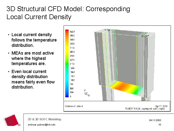 3 D Structural CFD Model: Corresponding Local Current Density • Local current density follows