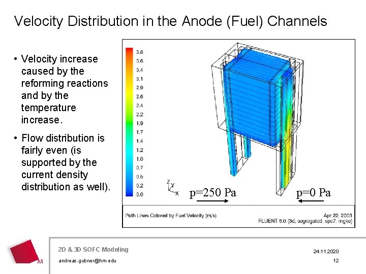 Velocity Distribution in the Anode (Fuel) Channels • Velocity increase caused by the reforming