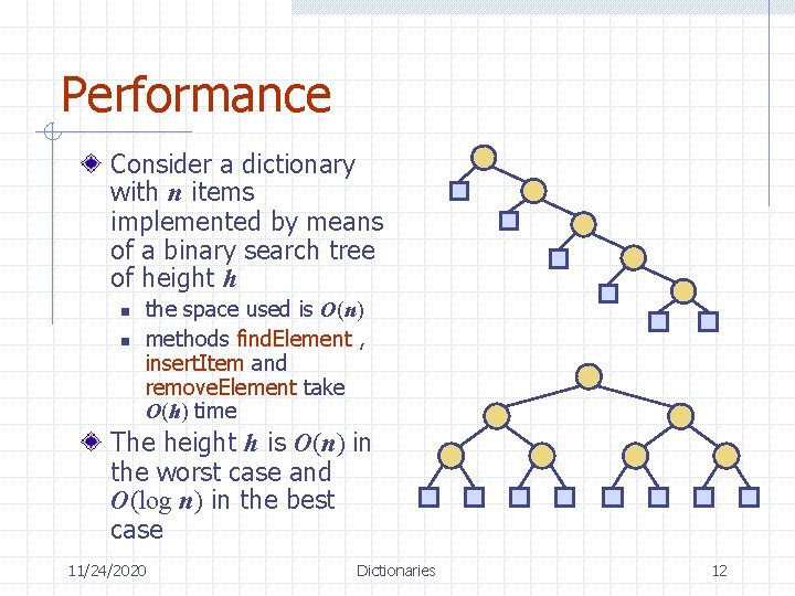 Performance Consider a dictionary with n items implemented by means of a binary search