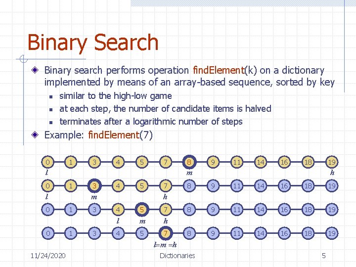 Binary Search Binary search performs operation find. Element(k) on a dictionary implemented by means