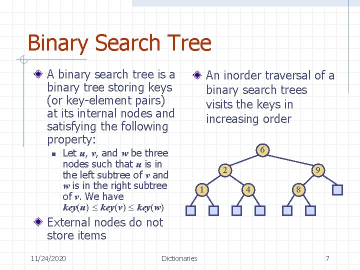 Binary Search Tree A binary search tree is a binary tree storing keys (or