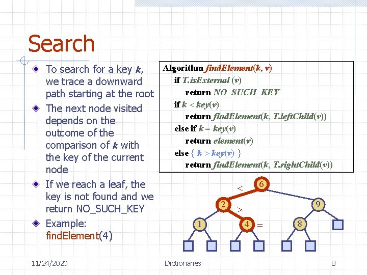 Search Algorithm find. Element(k, v) To search for a key k, if T. is.