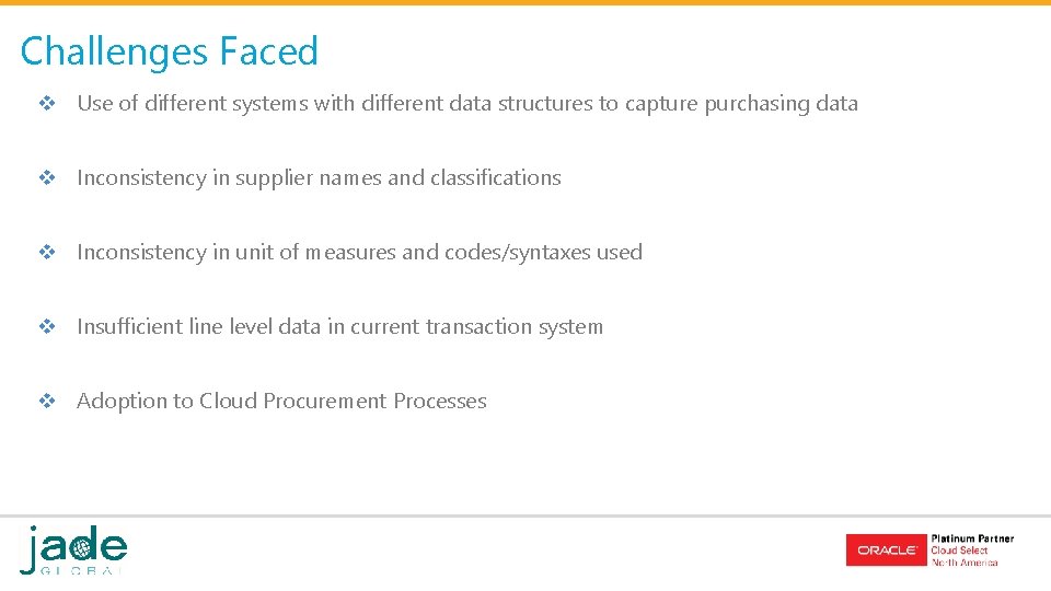 Challenges Faced v Use of different systems with different data structures to capture purchasing Challenges Faced v Use of different systems with different data structures to capture purchasing