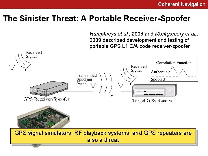 Coherent Navigation The Sinister Threat: A Portable Receiver-Spoofer Humphreys et al. , 2008 and