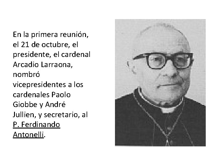 En la primera reunión, el 21 de octubre, el presidente, el cardenal Arcadio Larraona,
