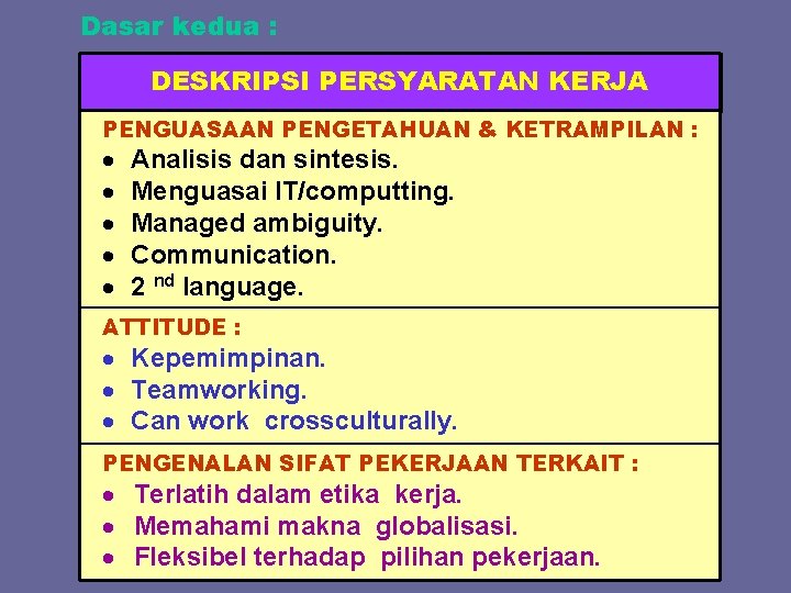 Dasar kedua : DESKRIPSI PERSYARATAN KERJA PENGUASAAN PENGETAHUAN & KETRAMPILAN : Analisis dan sintesis.