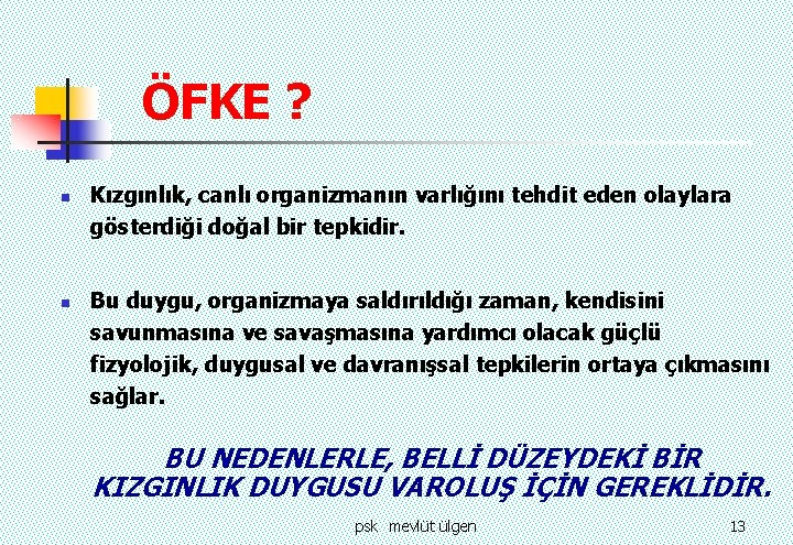 ÖFKE ? n n Kızgınlık, canlı organizmanın varlığını tehdit eden olaylara gösterdiği doğal bir