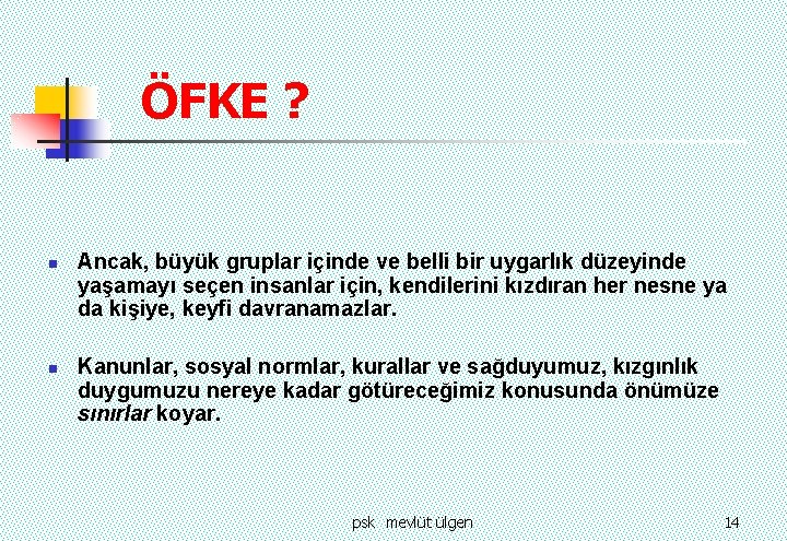 ÖFKE ? n n Ancak, büyük gruplar içinde ve belli bir uygarlık düzeyinde yaşamayı