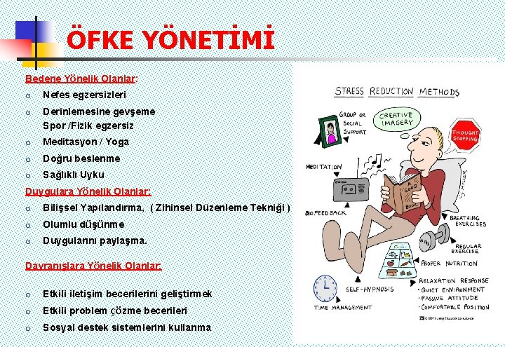 ÖFKE YÖNETİMİ Bedene Yönelik Olanlar: Nefes egzersizleri Derinlemesine gevşeme Spor /Fizik egzersiz Meditasyon /