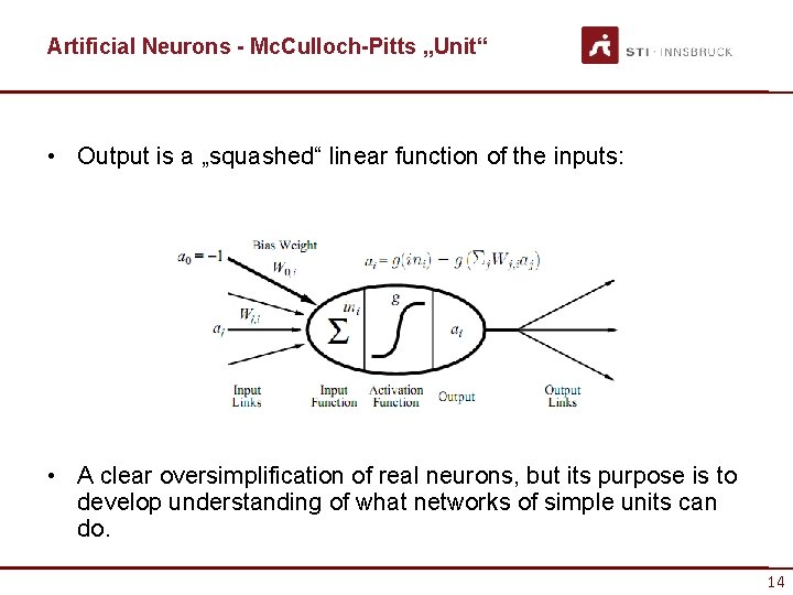 Artificial Neurons - Mc. Culloch-Pitts „Unit“ • Output is a „squashed“ linear function of