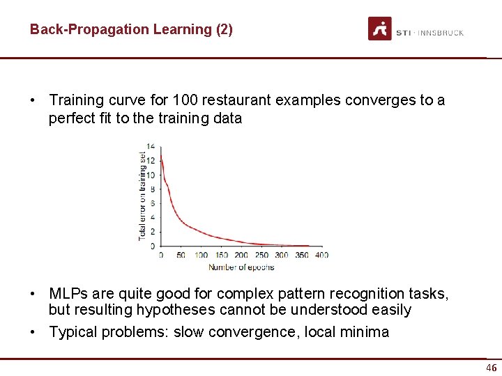 Back-Propagation Learning (2) • Training curve for 100 restaurant examples converges to a perfect