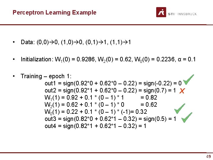 Perceptron Learning Example • Data: (0, 0) 0, (1, 0) 0, (0, 1) 1,