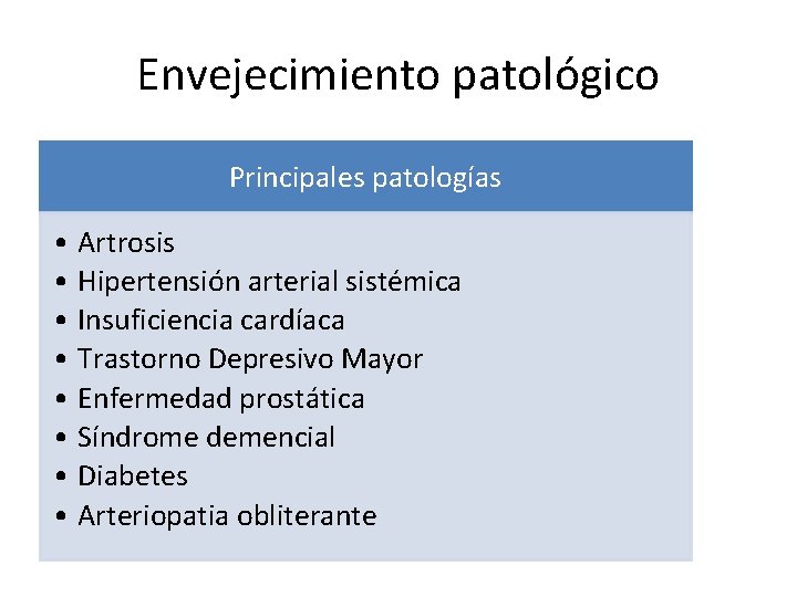 Envejecimiento patológico Principales patologías • Artrosis • Hipertensión arterial sistémica • Insuficiencia cardíaca •