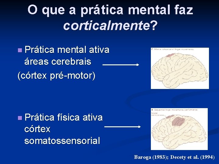 O que a prática mental faz corticalmente? n Prática mental ativa áreas cerebrais (córtex