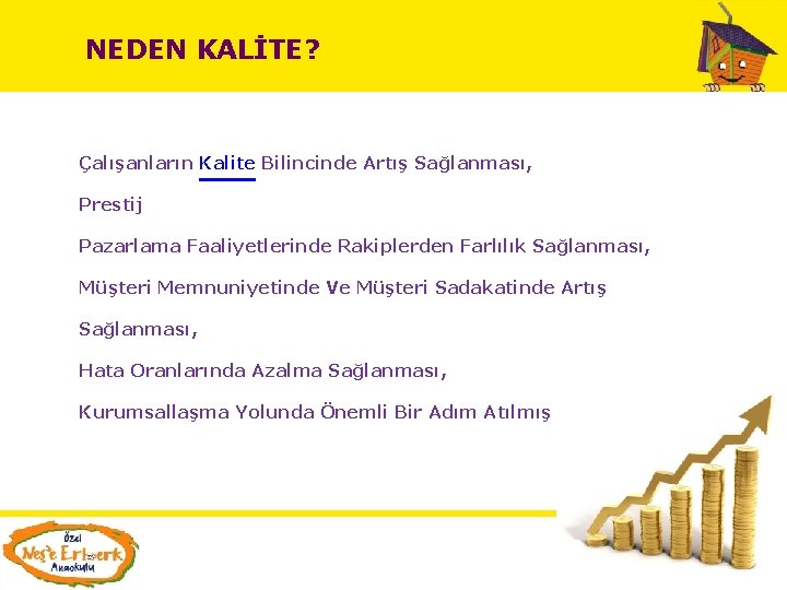 NEDEN KALİTE? Çalışanların Kalite Bilincinde Artış Sağlanması, Prestij Pazarlama Faaliyetlerinde Rakiplerden Farlılık Sağlanması, Müşteri