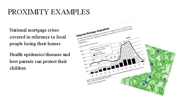 PROXIMITY EXAMPLES National mortgage crises covered in reference to local people losing their homes