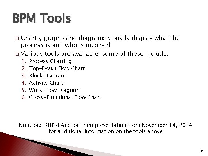BPM Tools Charts, graphs and diagrams visually display what the process is and who
