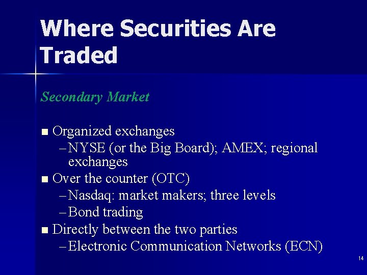 Where Securities Are Traded Secondary Market Organized exchanges – NYSE (or the Big Board);