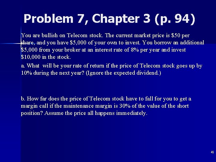 Problem 7, Chapter 3 (p. 94) You are bullish on Telecom stock. The current