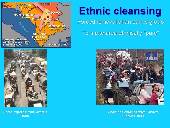 Ethnic cleansing Forced removal of an ethnic group To make area ethnically “pure” Serbs