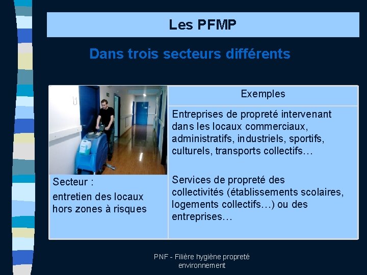 Les PFMP Dans trois secteurs différents Exemples n Secteur : entretien des locaux hors
