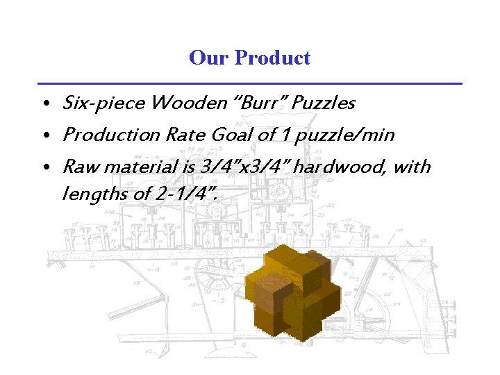Our Product • Six-piece Wooden “Burr” Puzzles • Production Rate Goal of 1 puzzle/min