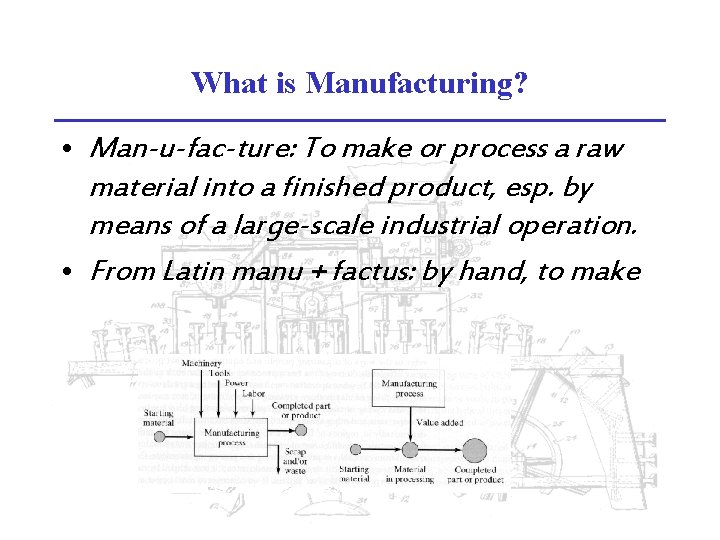 What is Manufacturing? • Man-u-fac-ture: To make or process a raw material into a