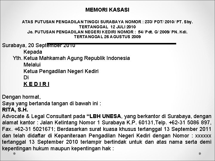 MEMORI KASASI ATAS PUTUSAN PENGADILAN TINGGI SURABAYA NOMOR : 233/ PDT/ 2010/ PT. Sby.