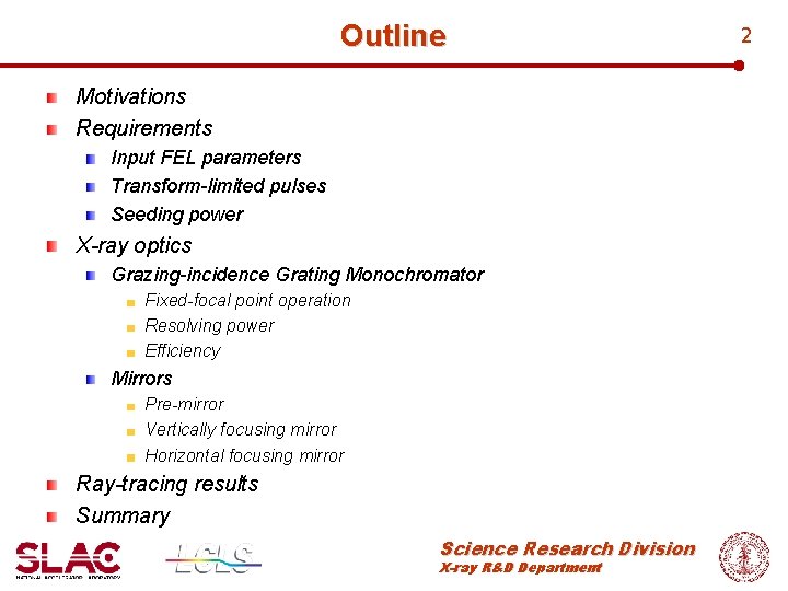 Outline Motivations Requirements Input FEL parameters Transform-limited pulses Seeding power X-ray optics Grazing-incidence Grating