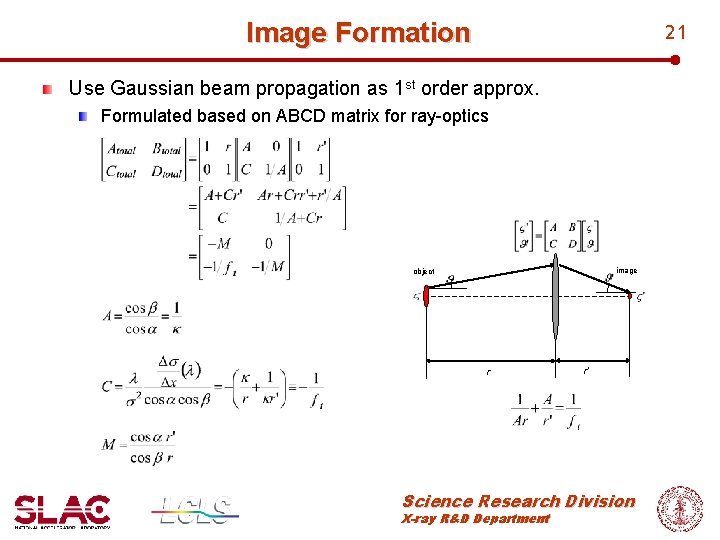 Image Formation 21 Use Gaussian beam propagation as 1 st order approx. Formulated based