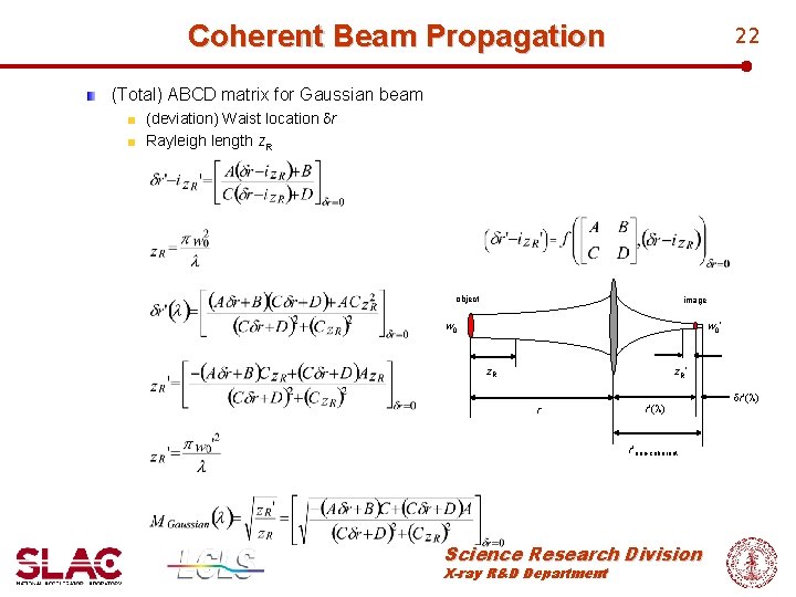 Coherent Beam Propagation 22 (Total) ABCD matrix for Gaussian beam (deviation) Waist location dr