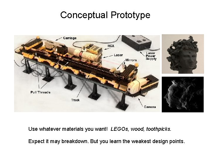 Conceptual Prototype Use whatever materials you want! LEGOs, wood, toothpicks. Expect it may breakdown.